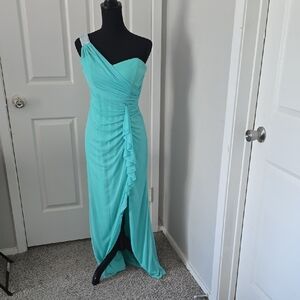 Xscape One-Shoulder Turquoise Gown